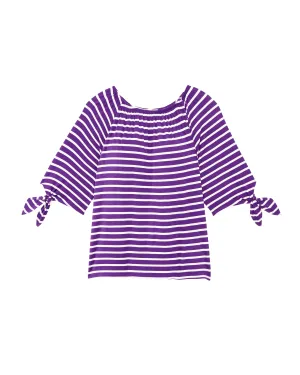 Emma Tied Sleeve Crew Neck Tee | Purple / White