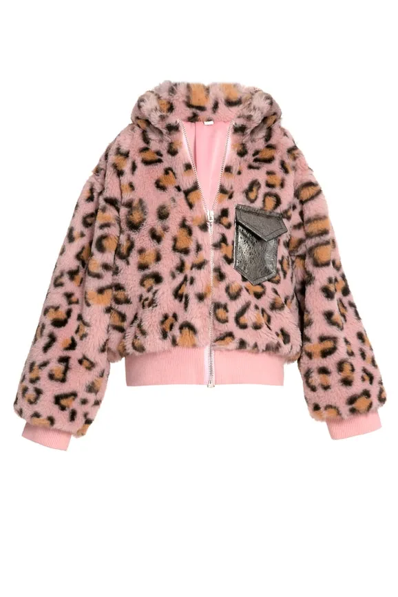 Faux Fur Leopard Print Bomber Jacket