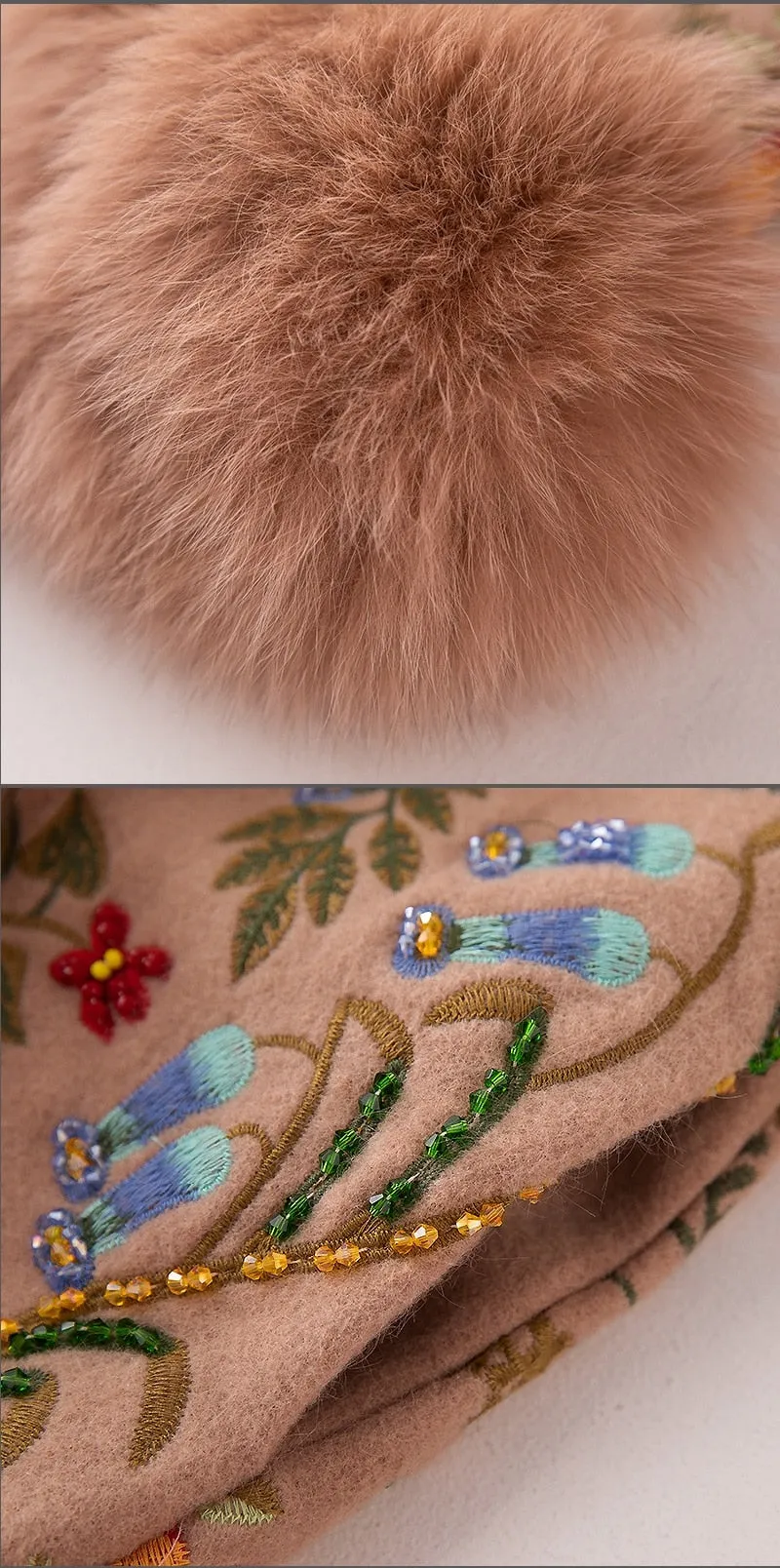Genuine Fox Fur Patchwork Beading Embroidery Wool Cardigans