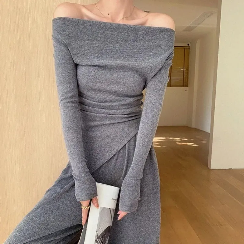Girlary Knitted Fashion Set Women'S Autumn/Winter Design Irregular Off Shoulder Long Sleeve Top Elastic High Waist Wide Leg Pants