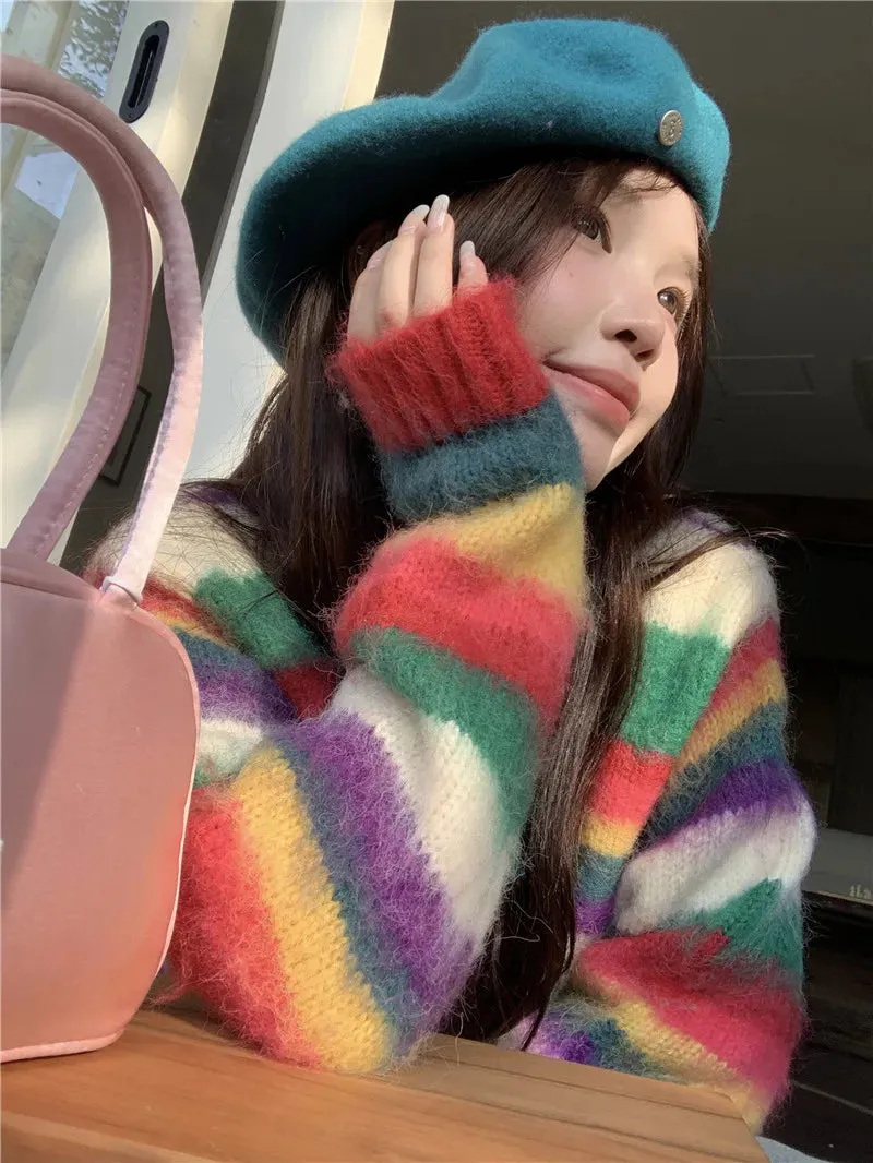 Girlary New 2024 Sweet Colorful Knitting Sweater Streetwear Autumn Winter Fashion Casual Cute Korean Sweater Pullover Women Thick Tops