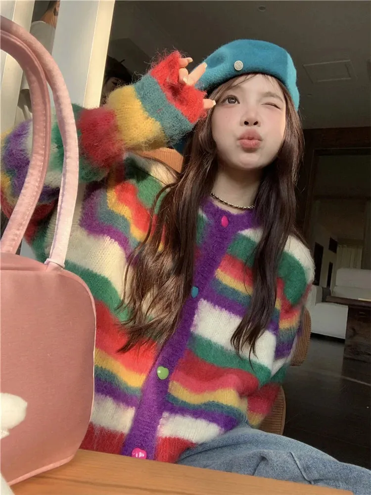 Girlary New 2024 Sweet Colorful Knitting Sweater Streetwear Autumn Winter Fashion Casual Cute Korean Sweater Pullover Women Thick Tops