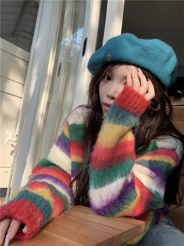 Girlary New 2024 Sweet Colorful Knitting Sweater Streetwear Autumn Winter Fashion Casual Cute Korean Sweater Pullover Women Thick Tops