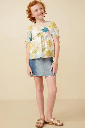 Girls Textured Botanical Print Shirred Front Top
