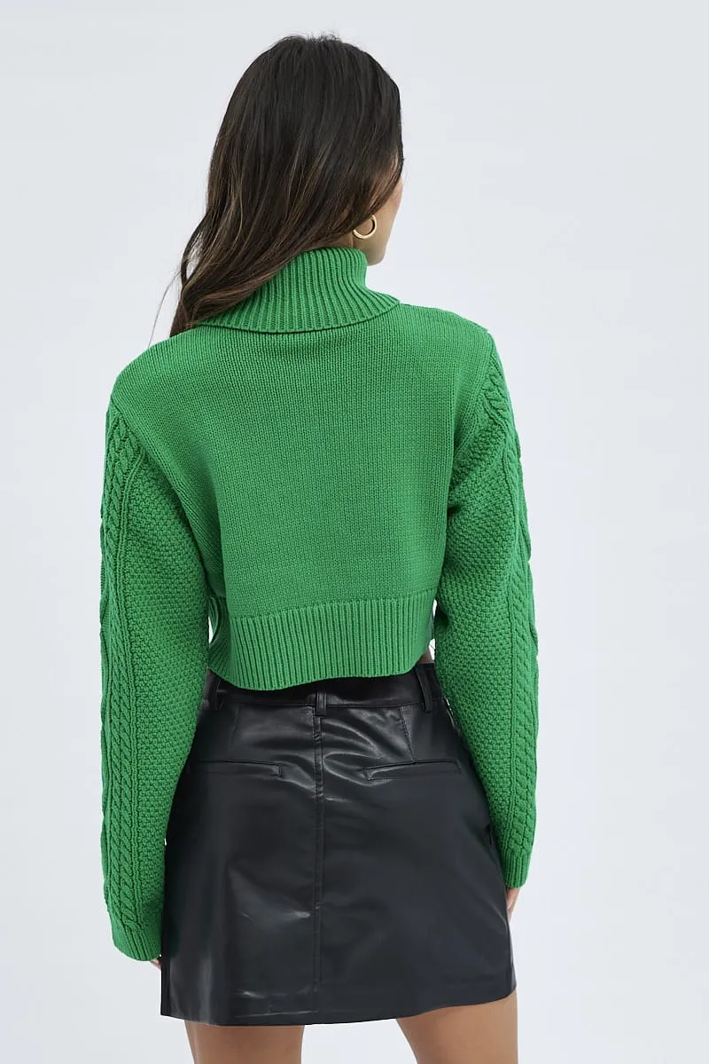 Green Cable Knit Jumper Turtle Neck