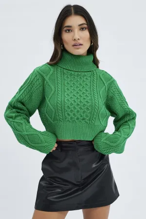 Green Cable Knit Jumper Turtle Neck