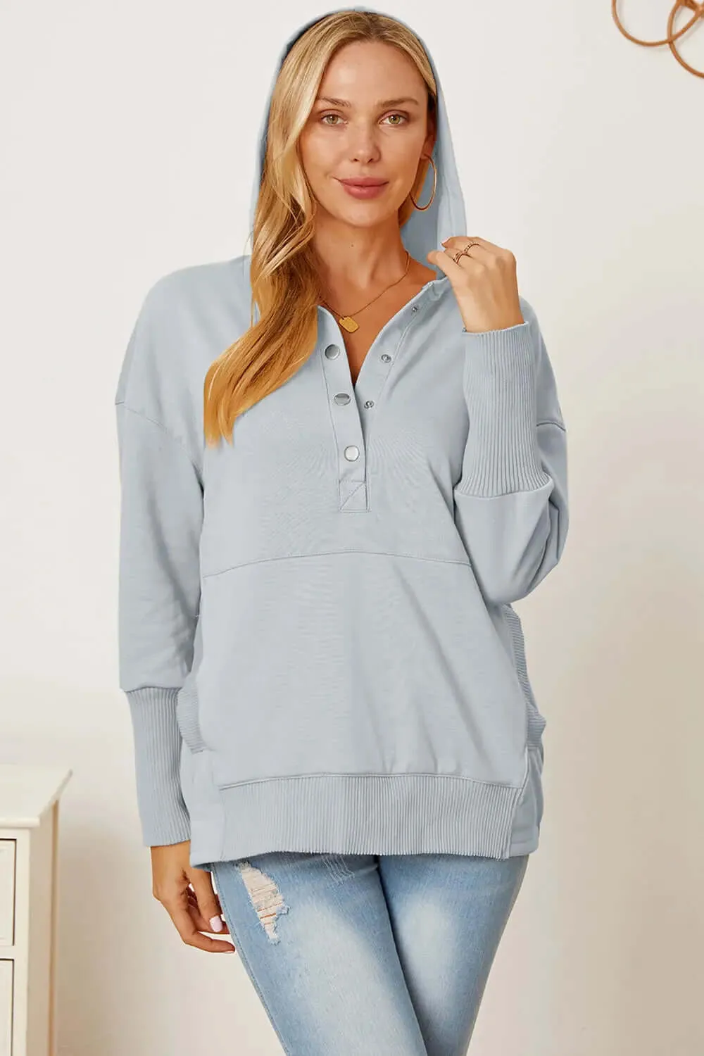 Half Snap Dropped Shoulder Hoodie