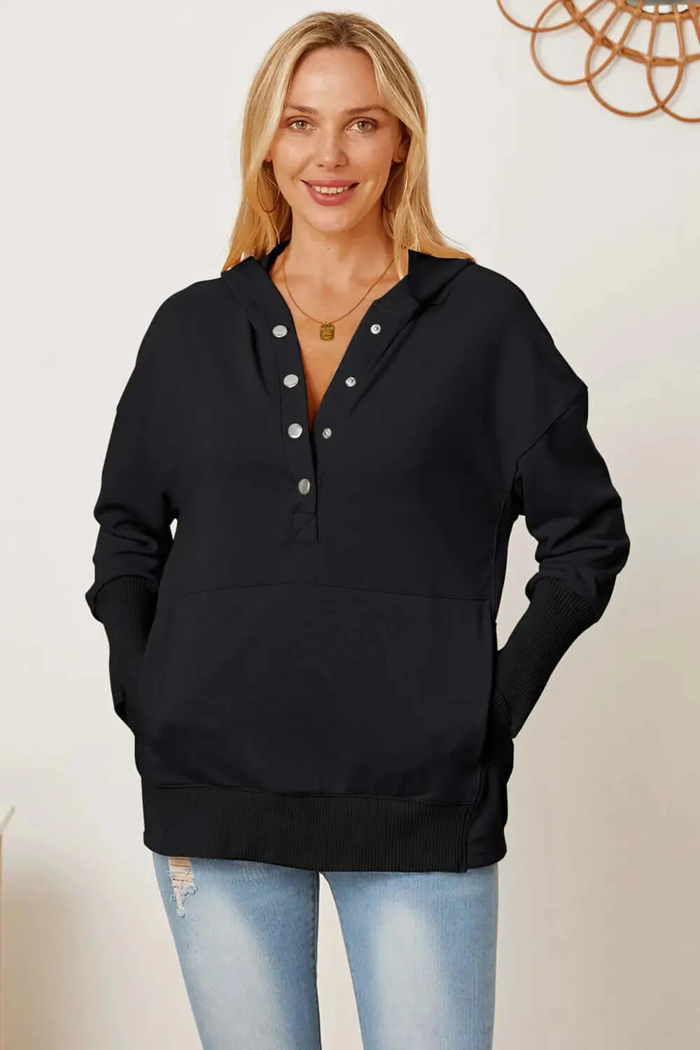 Half Snap Dropped Shoulder Hoodie