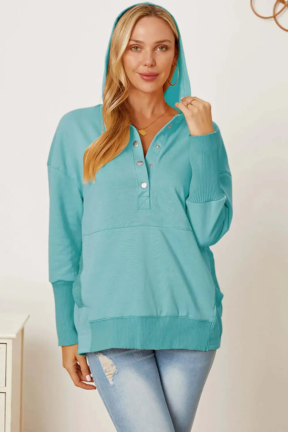 Half Snap Dropped Shoulder Hoodie