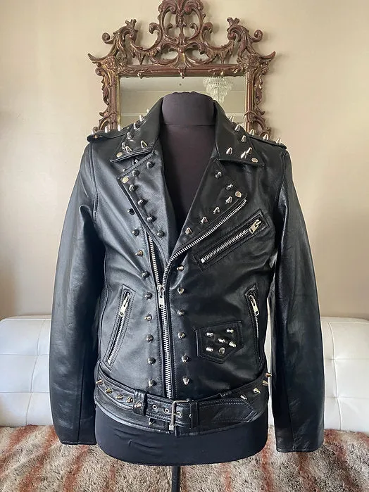 High Quality Mens Lambskin Leather Motorcycle Jacket w Silver Studs, L