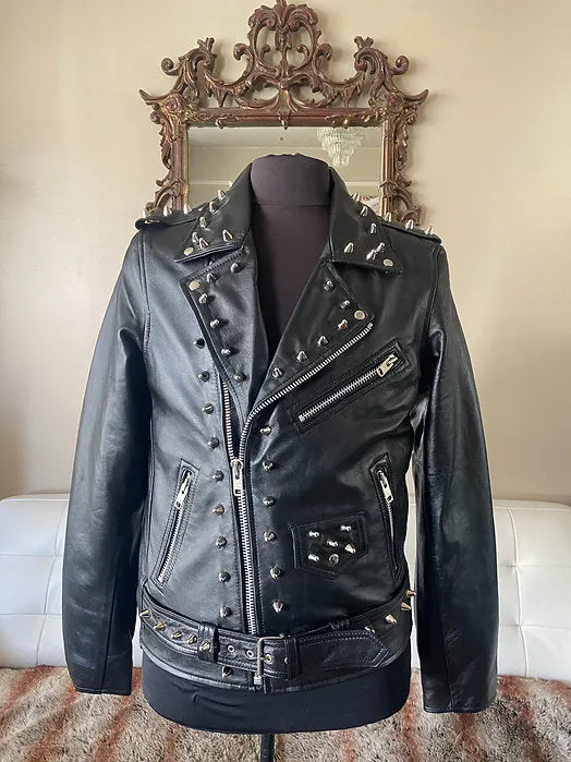 High Quality Mens Lambskin Leather Motorcycle Jacket w Silver Studs, L