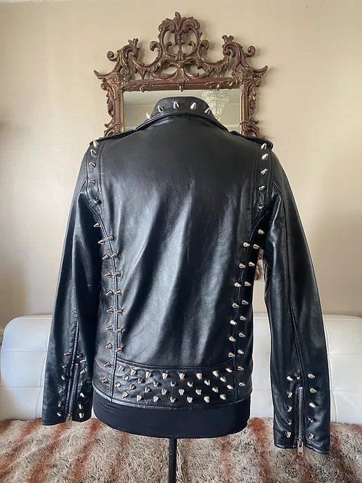 High Quality Mens Lambskin Leather Motorcycle Jacket w Silver Studs, L