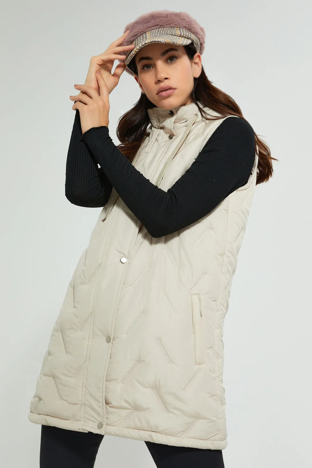 Ivory Sleeveless Quilted Jacket With Hoodie