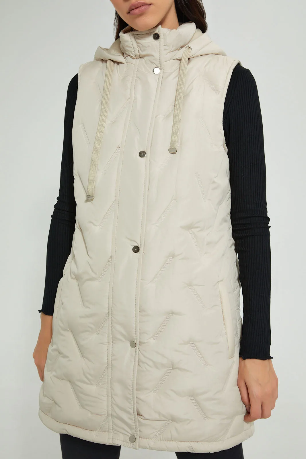 Ivory Sleeveless Quilted Jacket With Hoodie