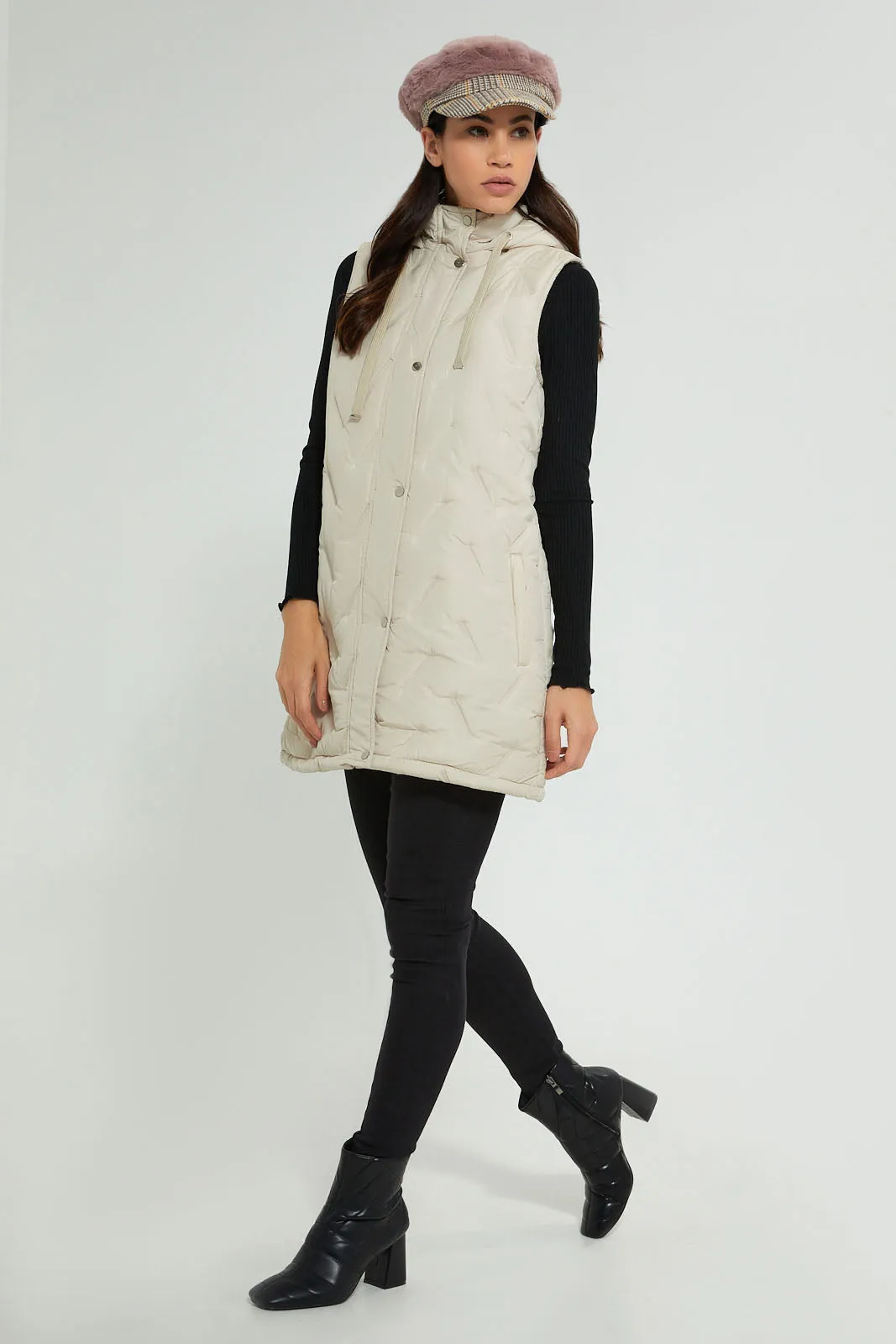 Ivory Sleeveless Quilted Jacket With Hoodie