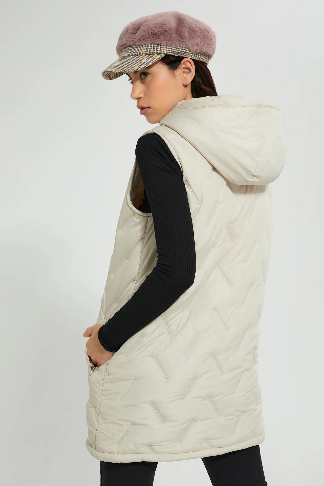 Ivory Sleeveless Quilted Jacket With Hoodie