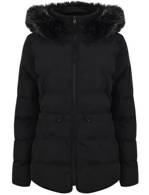Jasmin Quilted Puffer Jacket With Faux Fur Trim Hood In Black - Tokyo Laundry