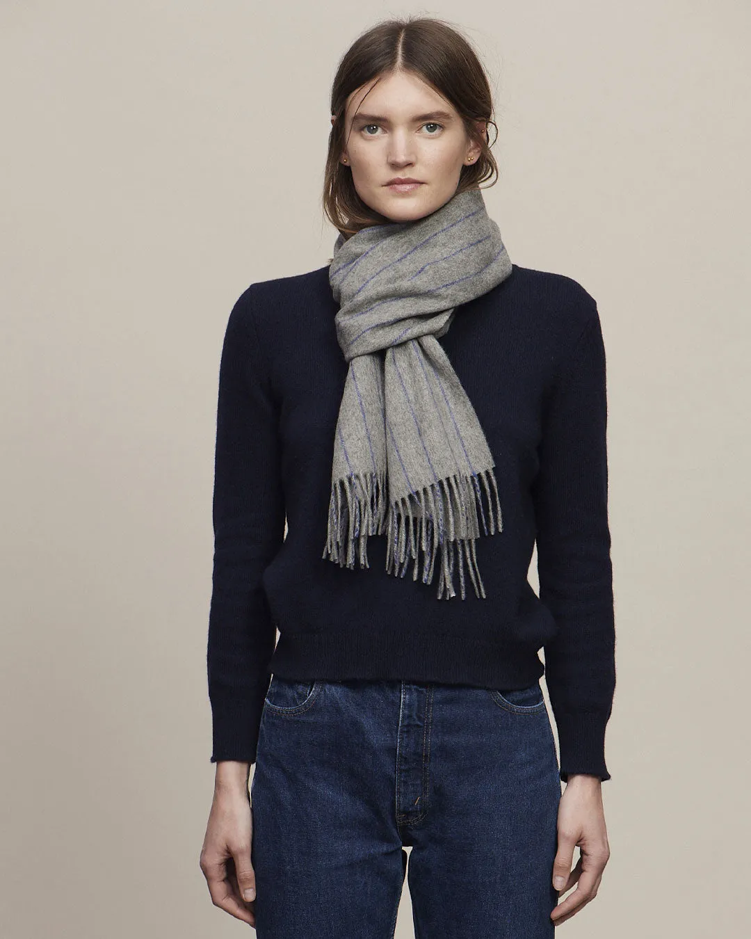 Joshua Ellis Pewter X Cobalt Classic Stripe Brushed Cashmere Scarf