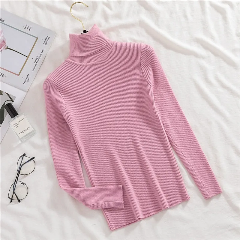Joskaa Christmas Gift H.SA 2024 Women Turtleneck Sweater Basic Casual Solid Knit Jumper Korean Sweater Slim Pull Femme Top Elasticity Winter Pullovers