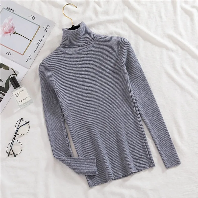 Joskaa Christmas Gift H.SA 2024 Women Turtleneck Sweater Basic Casual Solid Knit Jumper Korean Sweater Slim Pull Femme Top Elasticity Winter Pullovers