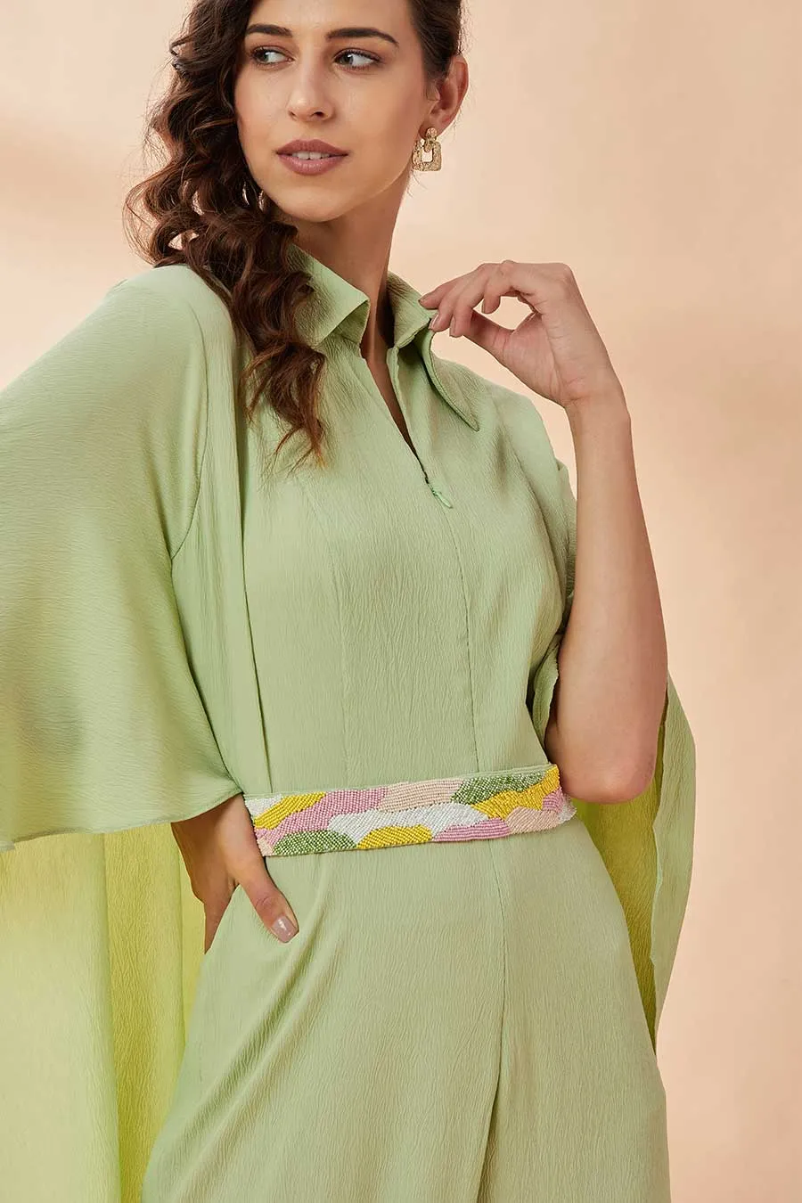 Lime Green Cape Jumpsuit With Belt