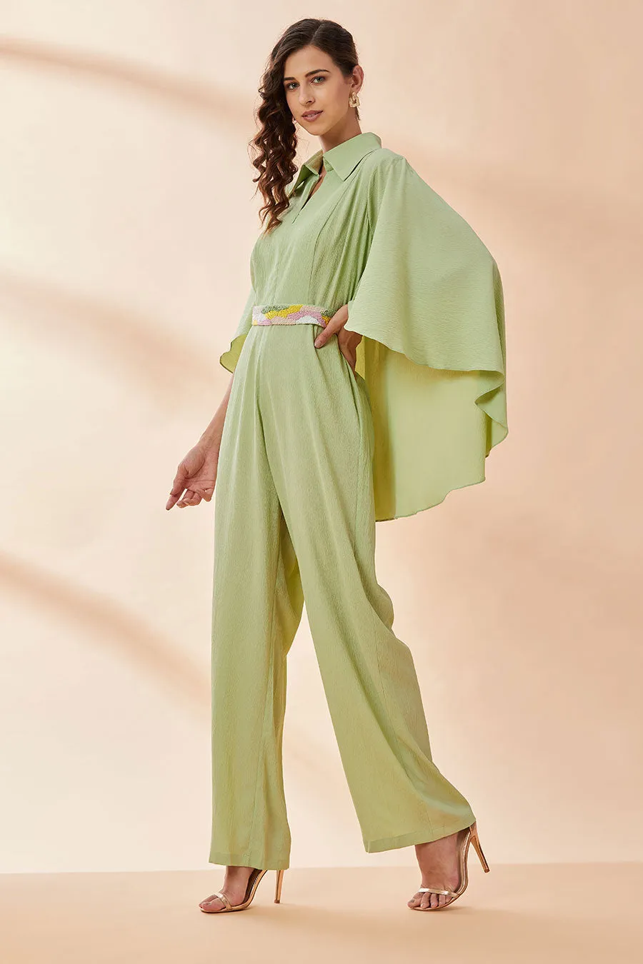 Lime Green Cape Jumpsuit With Belt