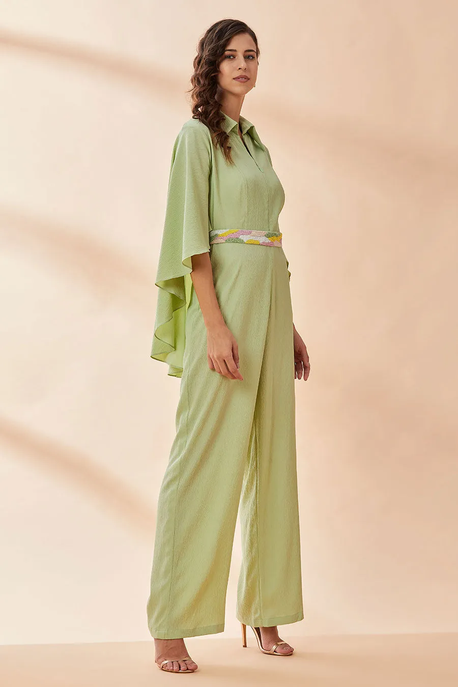 Lime Green Cape Jumpsuit With Belt