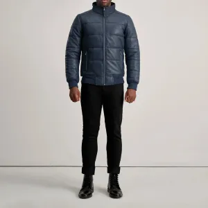 Lucas Blue Leather Puffer Bomber Jacket