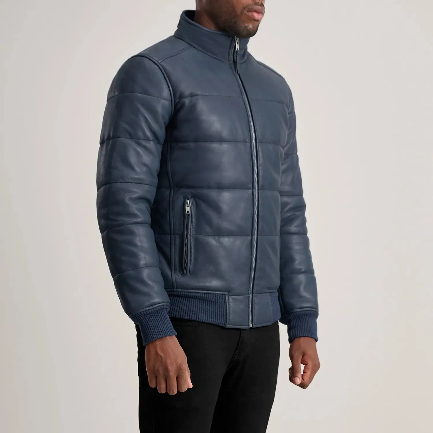 Lucas Blue Leather Puffer Bomber Jacket