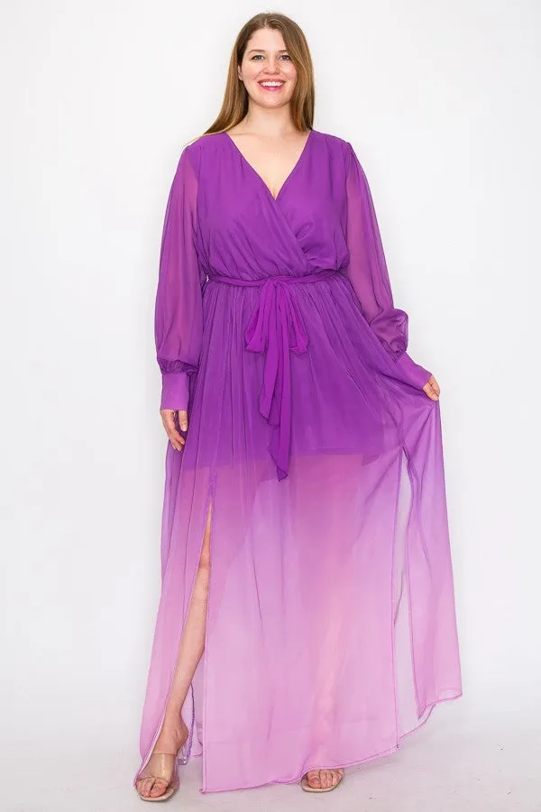 Magenta Ombre Long Sleeve Tie Waist Slit Front Maxi Dress