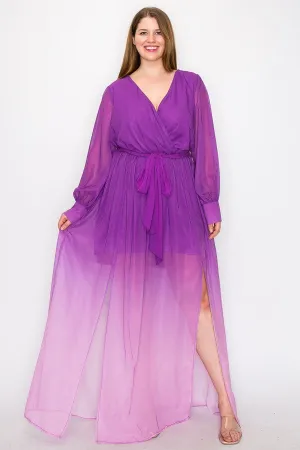 Magenta Ombre Long Sleeve Tie Waist Slit Front Maxi Dress