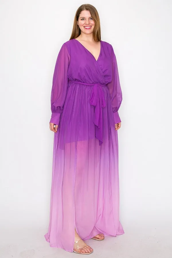 Magenta Ombre Long Sleeve Tie Waist Slit Front Maxi Dress