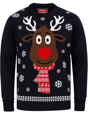 Men's Rudolph Scarf Motif Novelty Christmas Jumper in Ink - Merry Christmas