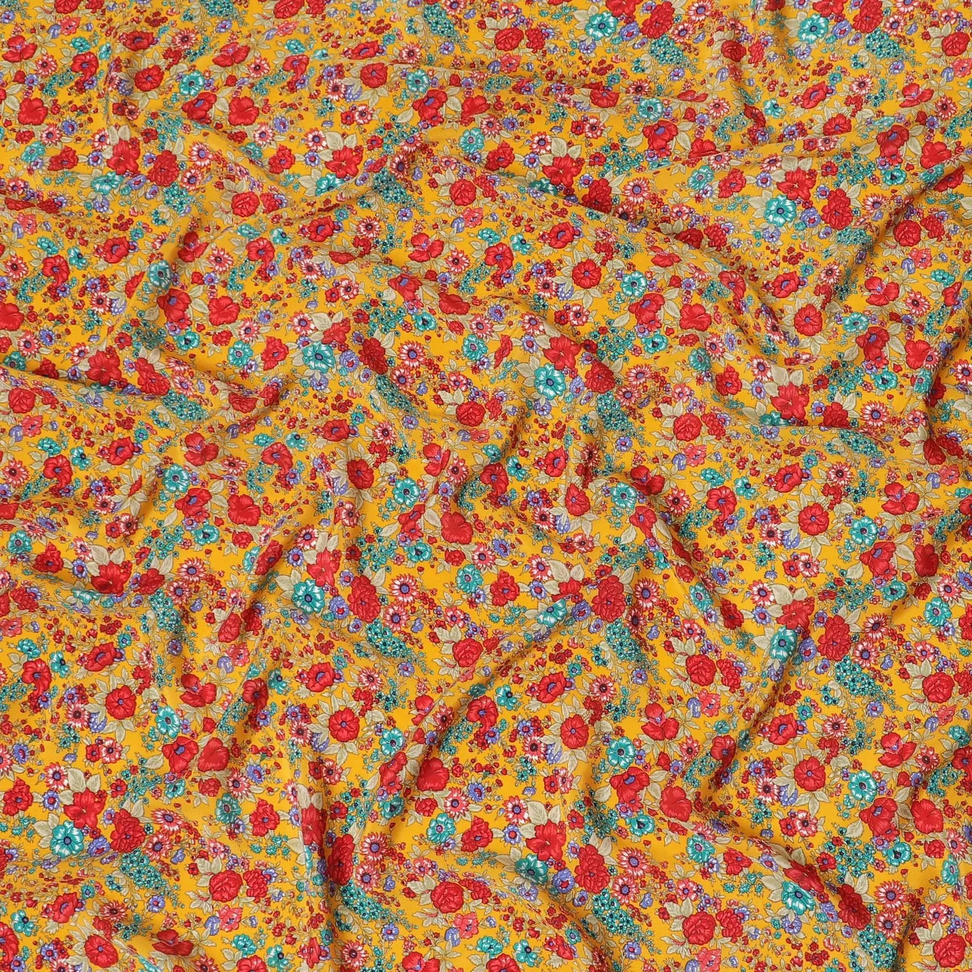 Mustard yellow silk crepe fabric with multicolor print in floral design-D8402