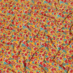 Mustard yellow silk crepe fabric with multicolor print in floral design-D8402