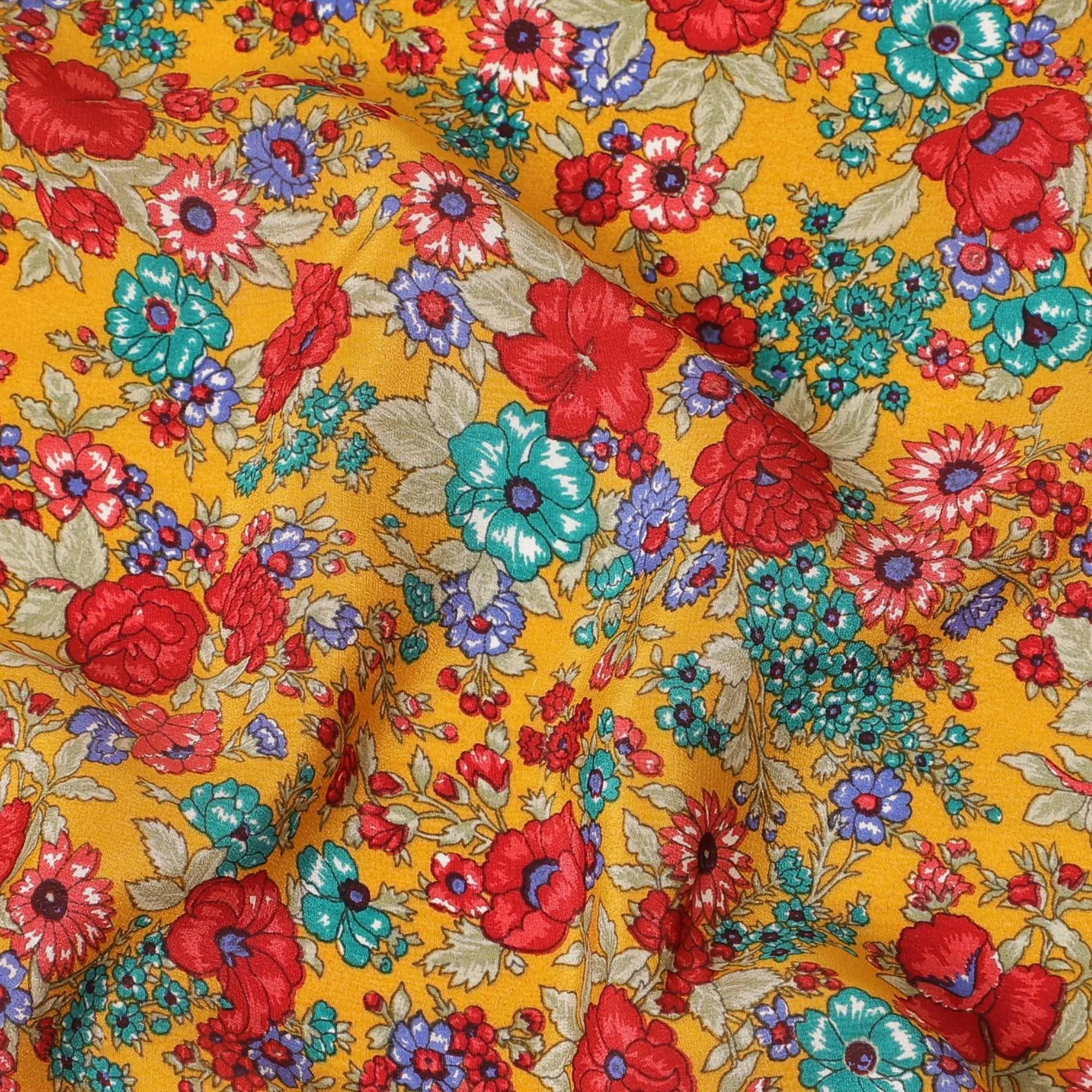 Mustard yellow silk crepe fabric with multicolor print in floral design-D8402