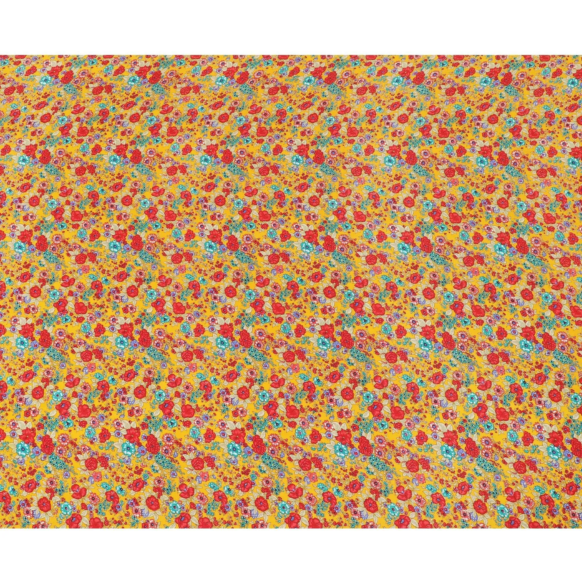 Mustard yellow silk crepe fabric with multicolor print in floral design-D8402