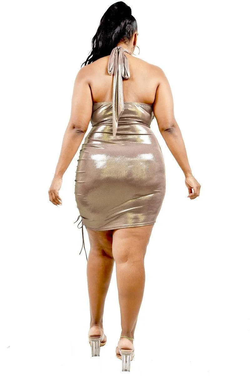 Plus Size Metallic Cross Wrap Mauve Halter Mini Dress