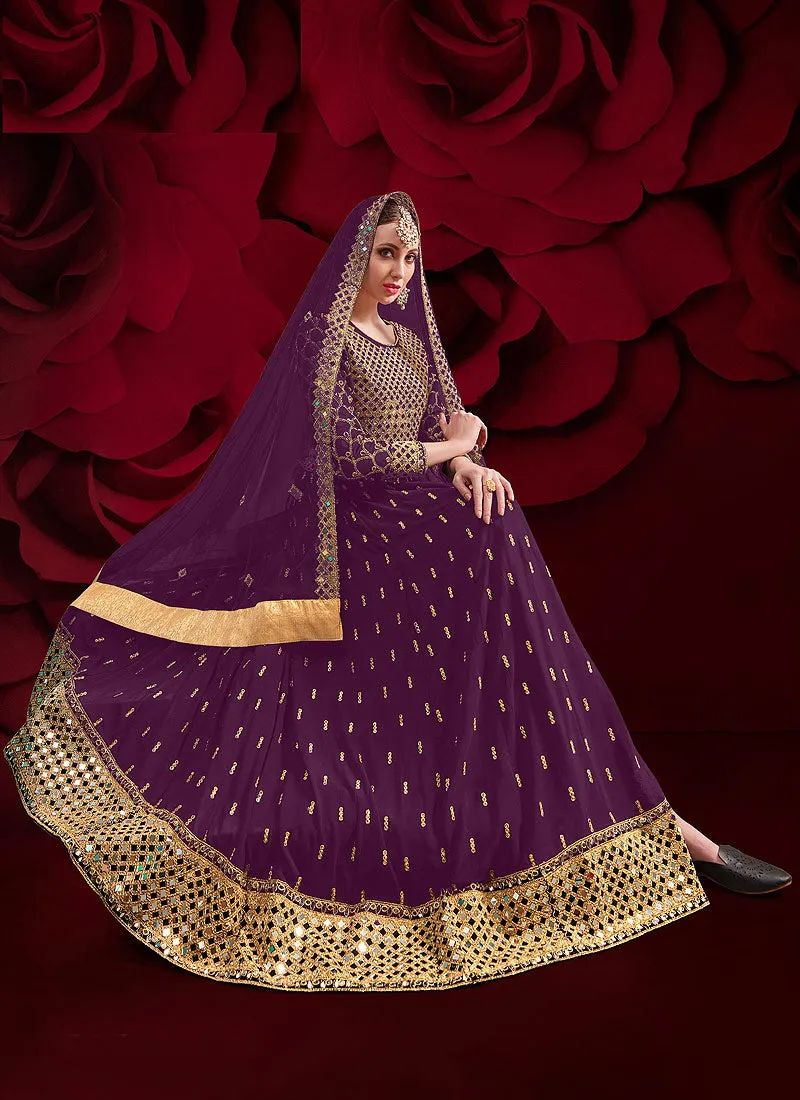 Purple Golden Mirror Work Slit Style Anarkali Pant Suit
