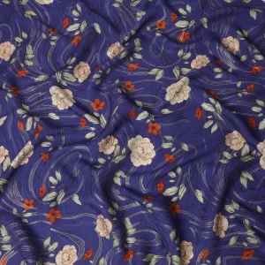 Royal blue Premium pure silk crepe fabric with multicolor print having gold metallic lurex in floral design-D15733