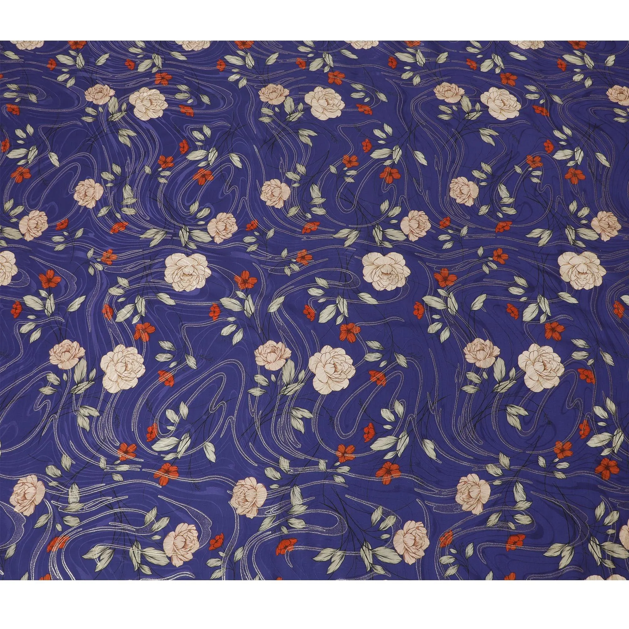Royal blue Premium pure silk crepe fabric with multicolor print having gold metallic lurex in floral design-D15733