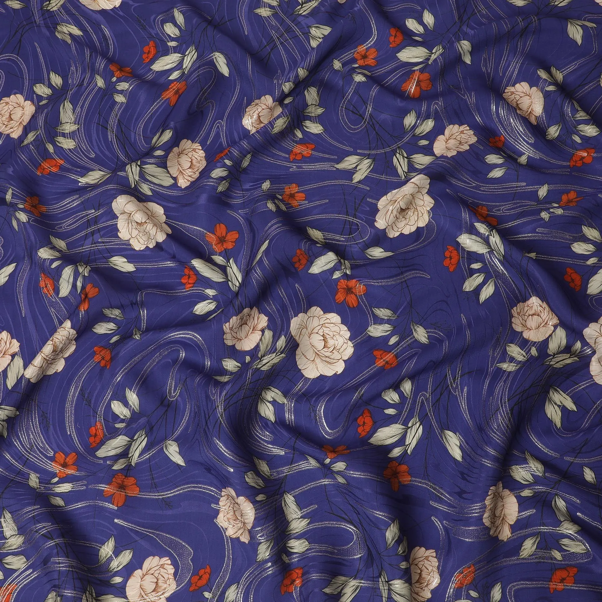 Royal blue Premium pure silk crepe fabric with multicolor print having gold metallic lurex in floral design-D15733