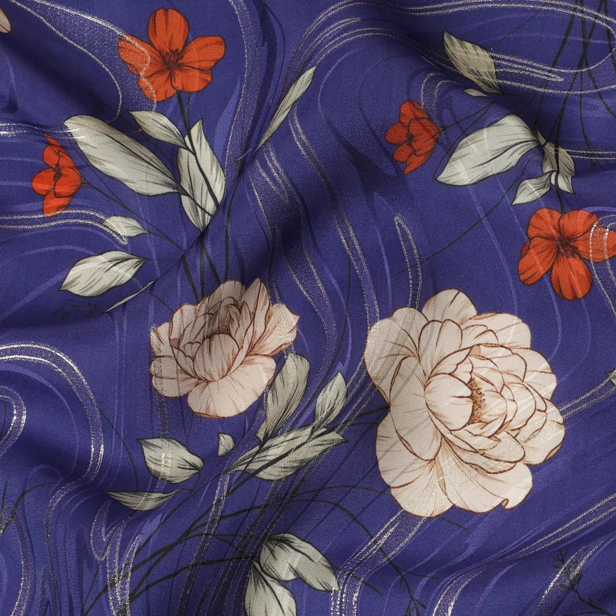 Royal blue Premium pure silk crepe fabric with multicolor print having gold metallic lurex in floral design-D15733