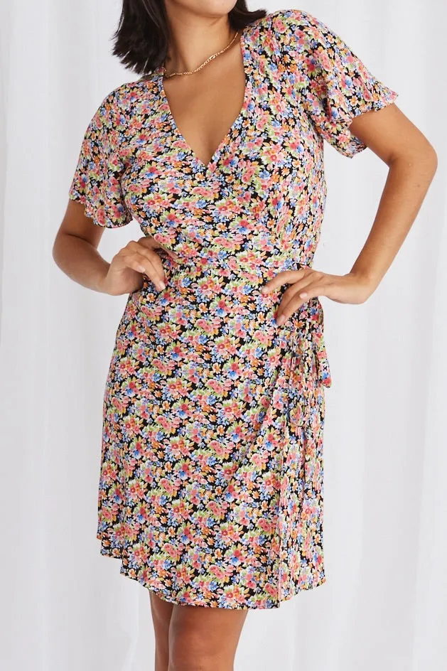 Royals Black Garden SS Wrap Mini Dress