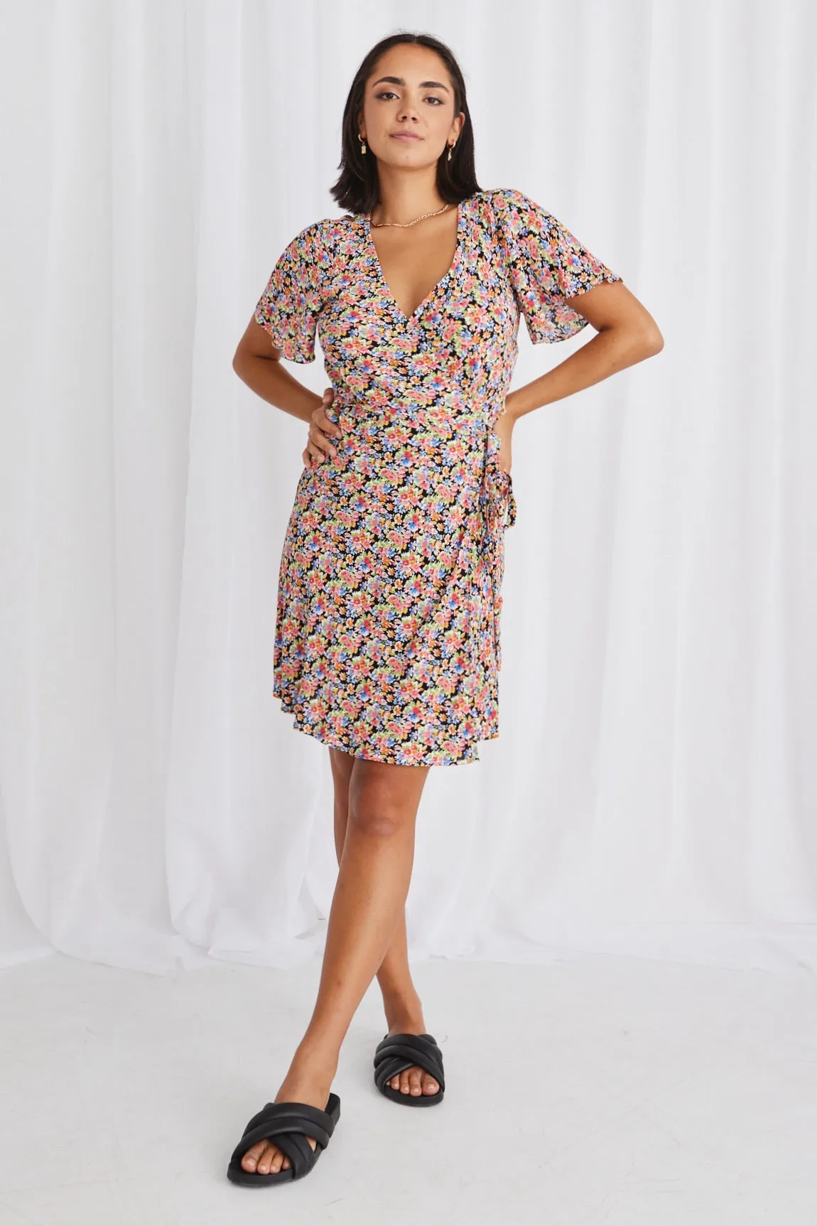 Royals Black Garden SS Wrap Mini Dress