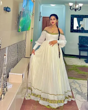 Shimmering Off Shoulder Habesha Dress: with Handmade Thin Adornments Traditional Ethiopian Dress Modern Habesha Kemis