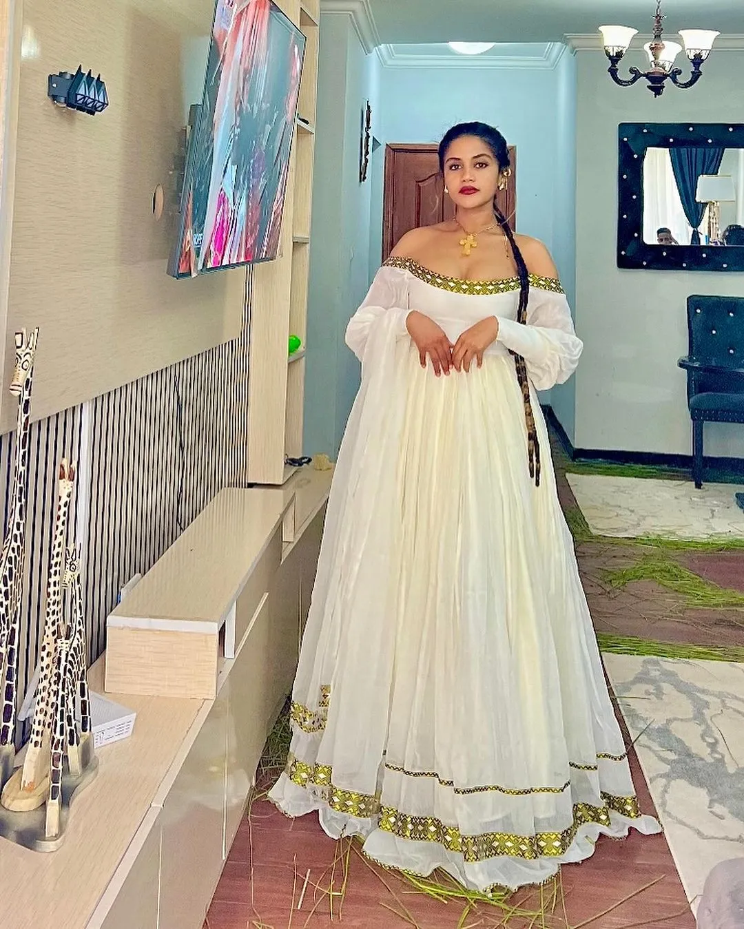 Shimmering Off Shoulder Habesha Dress: with Handmade Thin Adornments Traditional Ethiopian Dress Modern Habesha Kemis