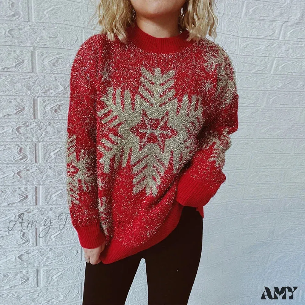 Shiny Loose O-Neck Christmas Sweater - Autumn/Winter Fashion
