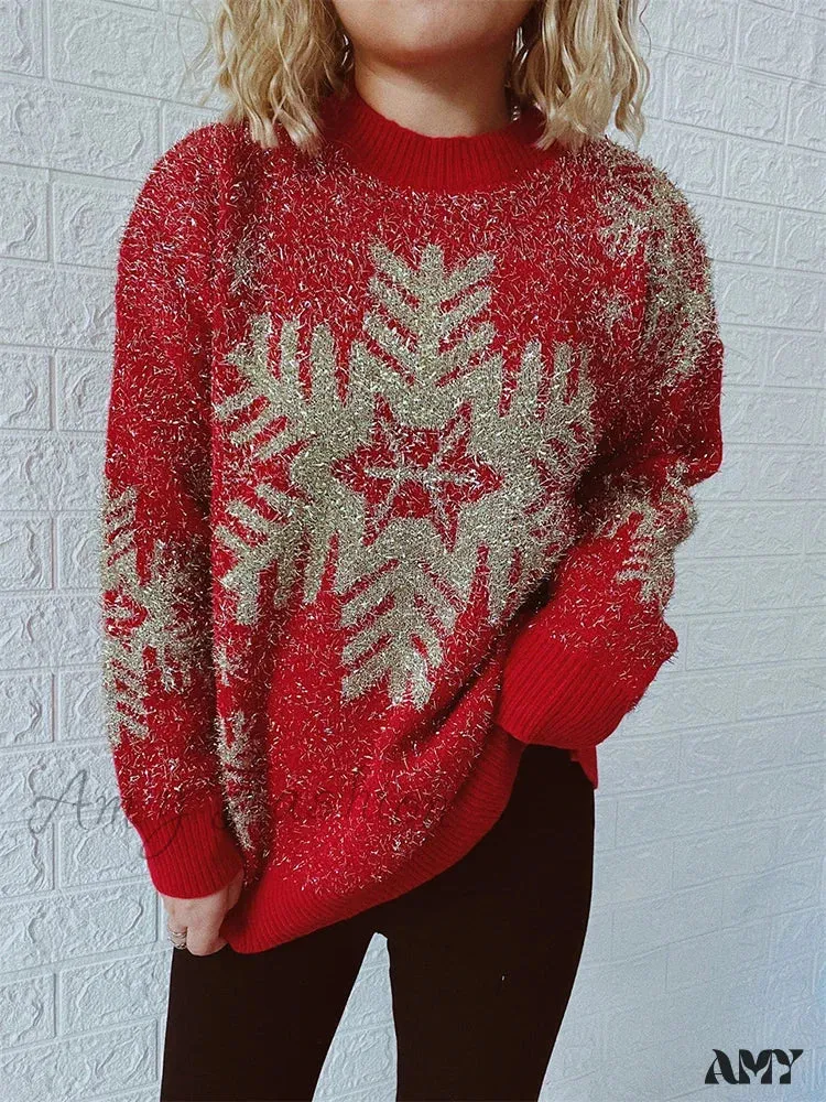 Shiny Loose O-Neck Christmas Sweater - Autumn/Winter Fashion
