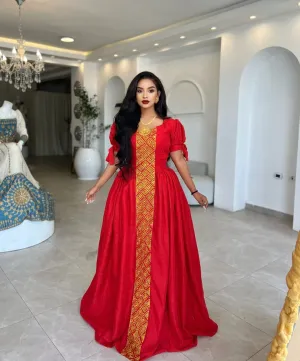 Striking Red Traditional Ethiopia Dress: with Golden Long Cultural Embroidery Habesha Dress Stunning Eritrean Clothing